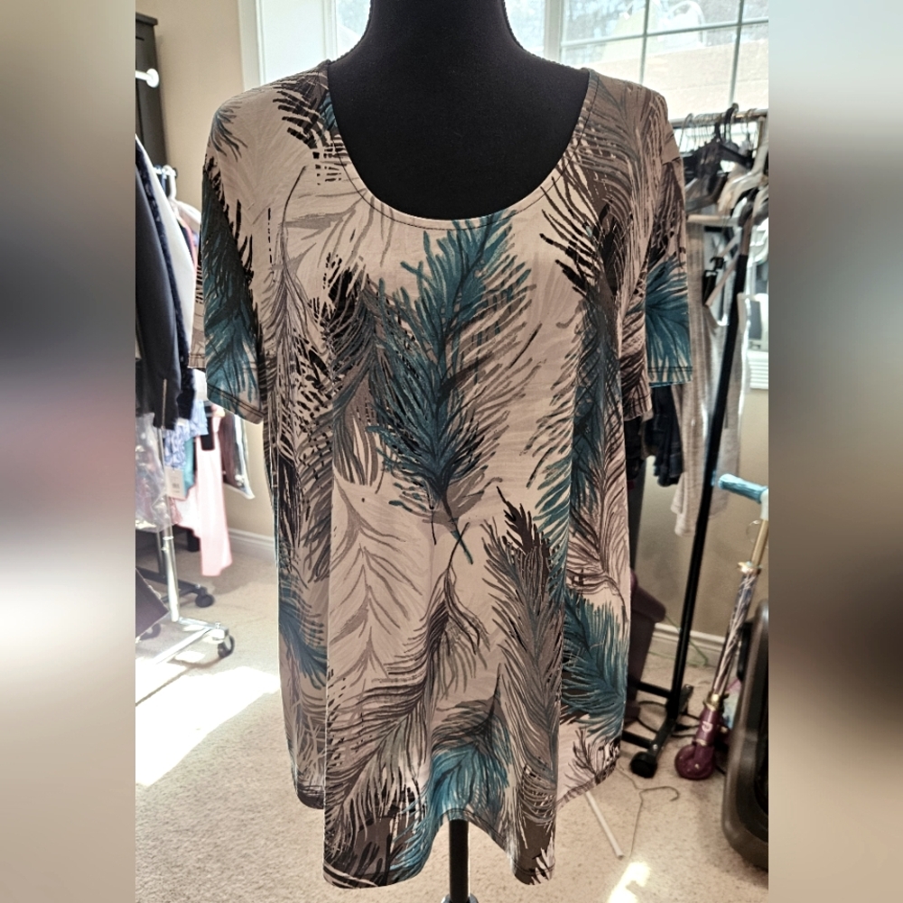 Lauren M. Petites Women's Leaf Print Top - Teal, Black, and White, Size XL